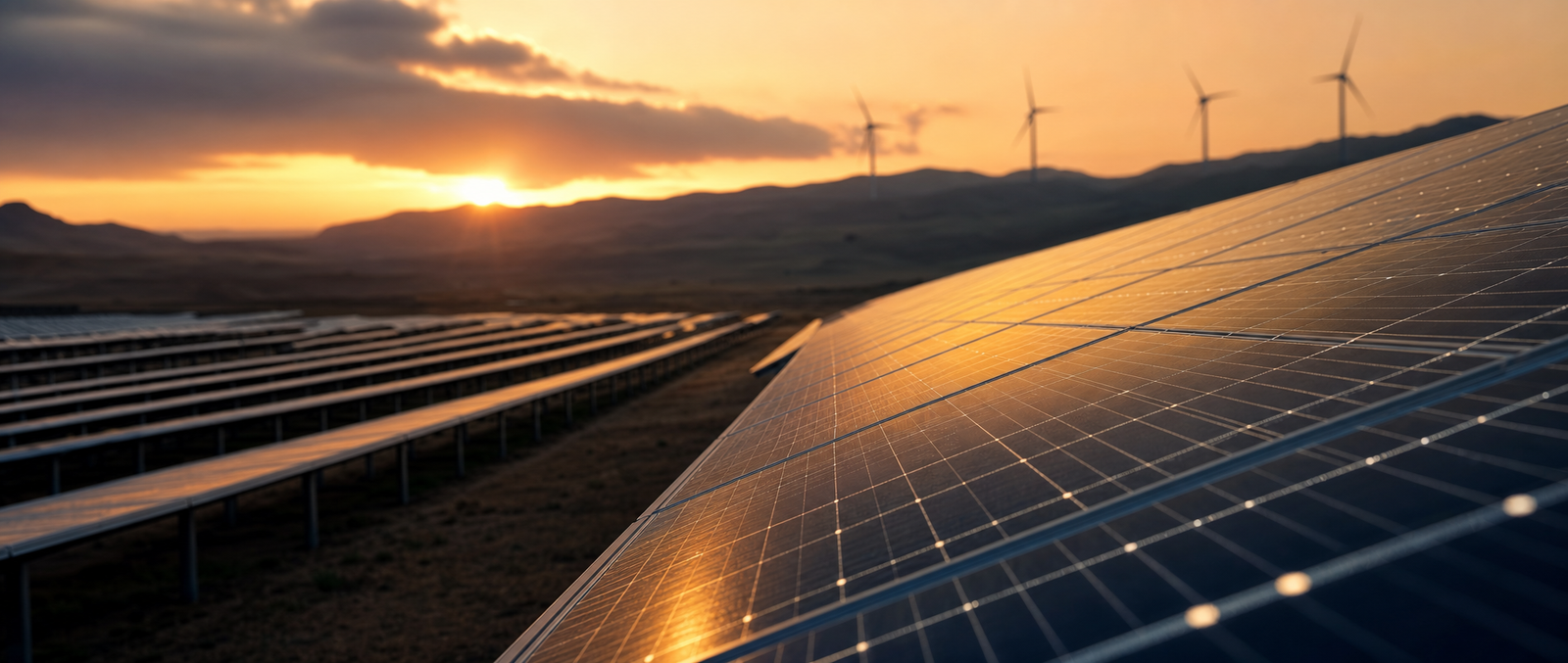 Utility-scale solar farm at sunset with wind turbines on the horizon